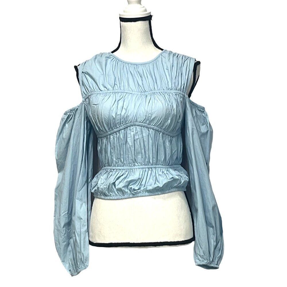 Topshop shirred poplin off the shoulder blouse in blue